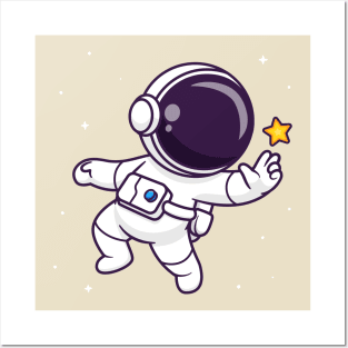 Cute Astronaut Floating In Space With Star Cartoon Posters and Art